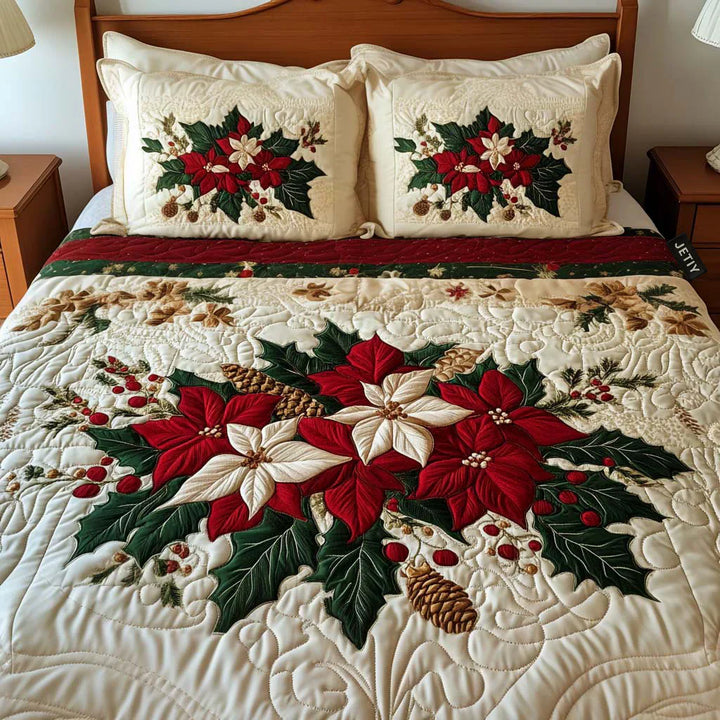 3-Piece Quilted Bedspread Set - Poinsettia Charm
