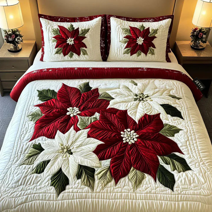 3-Piece Quilted Bedspread Set - Winter Poinsettia