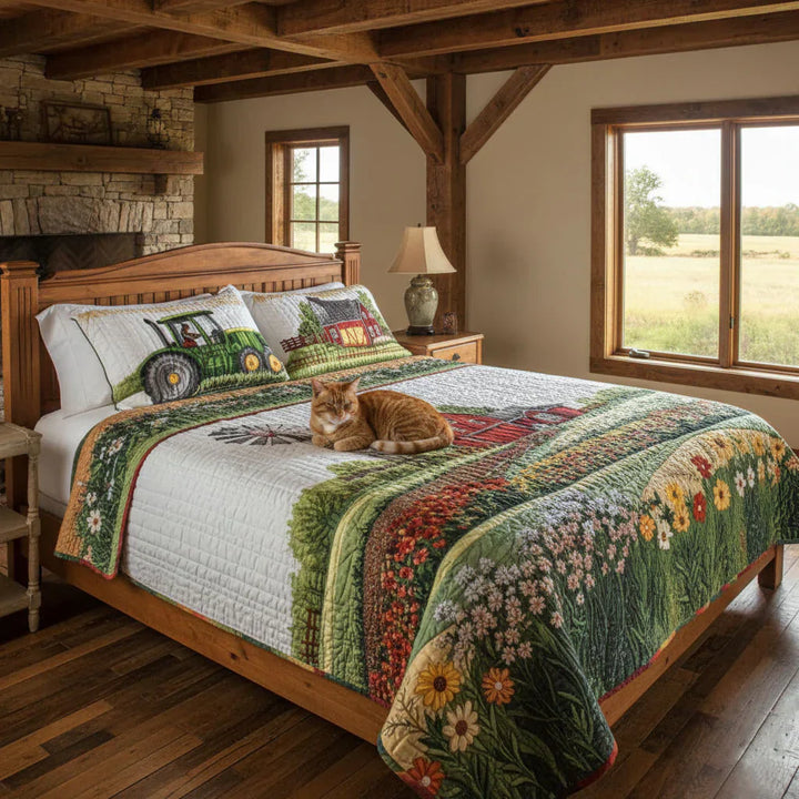 3-Piece Quilted Bedspread Set - Happy Farm