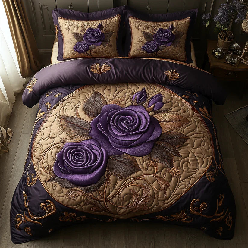 3-Piece Quilted Bedspread Set - Purple & Pink