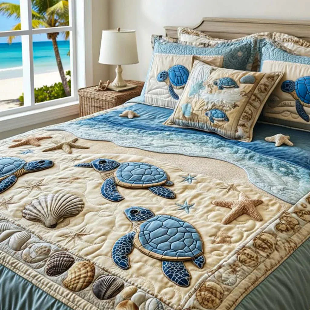 3-Piece Quilted Bedspread Set - Ocean Waves