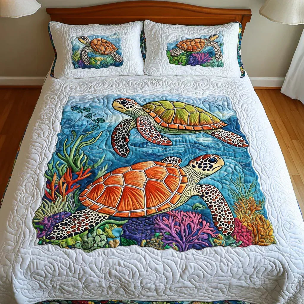 3-Piece Quilted Bedspread Set - Turtles