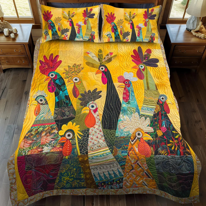 3-Piece Quilted Bedspread Set - Roosters of Dawn