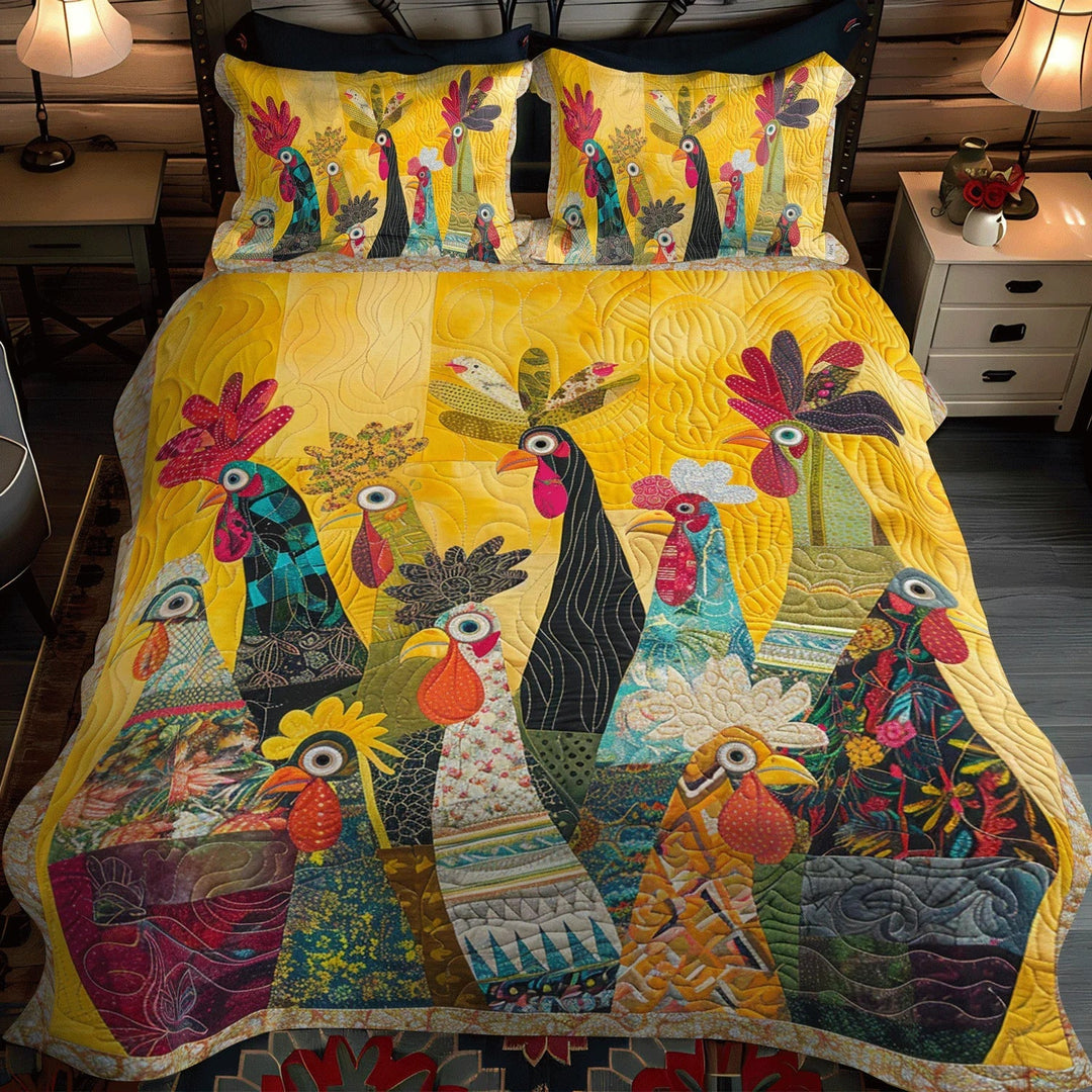 3-Piece Quilted Bedspread Set - Roosters of Dawn
