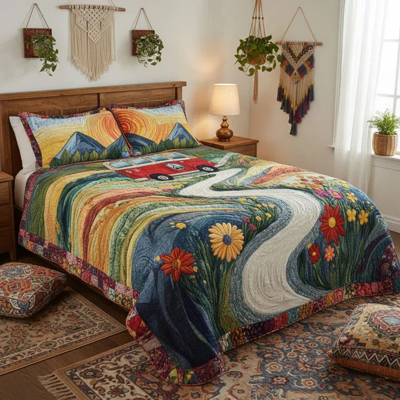 3-Piece Quilted Bedspread Set - Vintage Travel