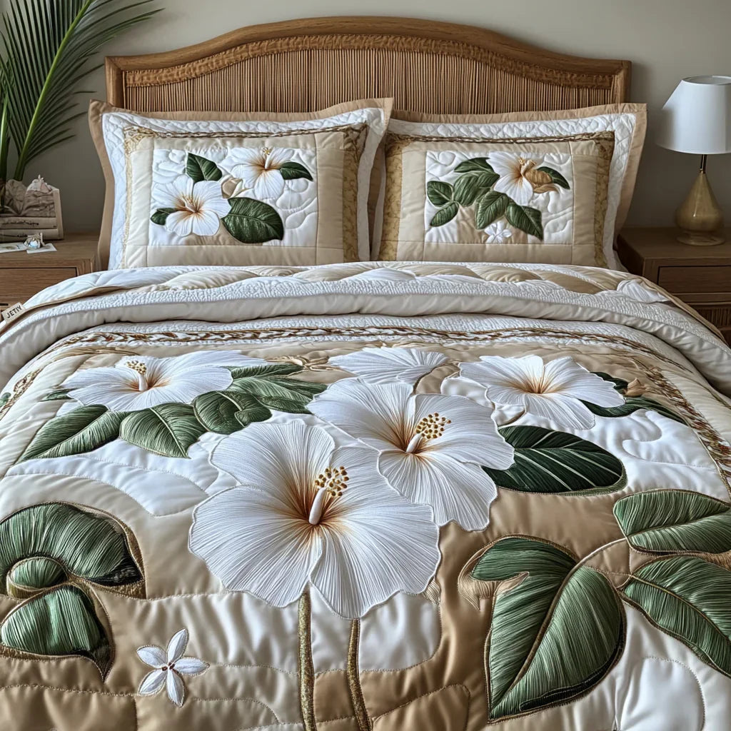 3-Piece Quilted Bedspread Set - White Hibiscus